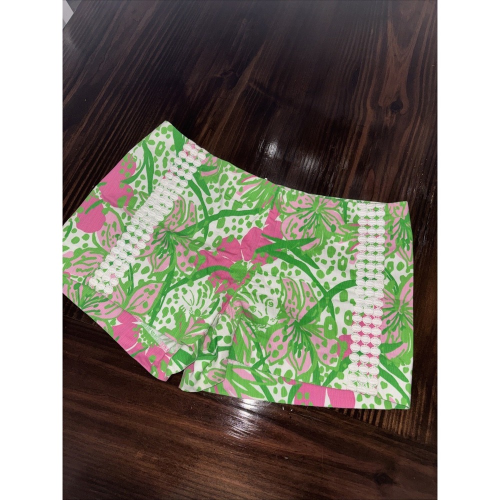 Lilly Pulitzer Liza Lace Shorts Sz 8 Pink Green Jungle Floral Flower Back Zip